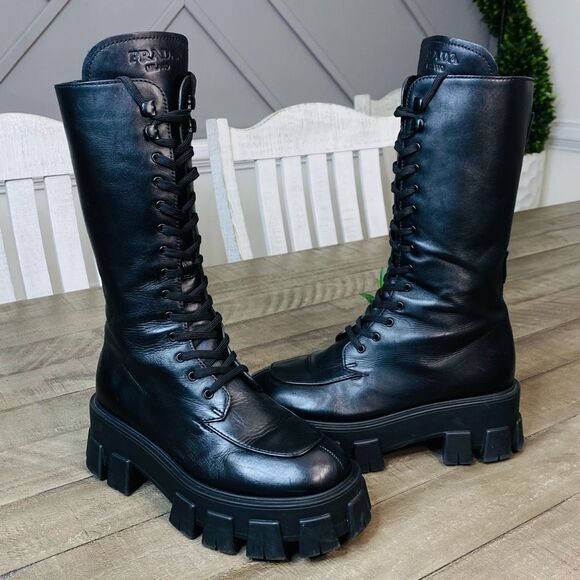 Prada Lug-Sole Tall Leather Combat Boots Size 7 (37.5) - Picture 3 of 15